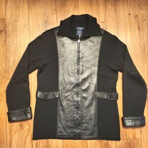 CLORINDA Leather Merino Wool Blend Full Zip Jacket Sweater Black Size L